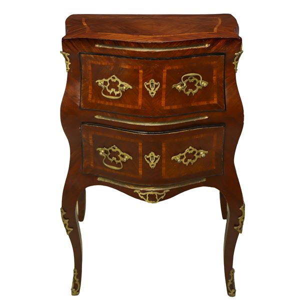 Louis XV two-drawer bedside table in rosewood with bronze handles and bronzes applied to the legs