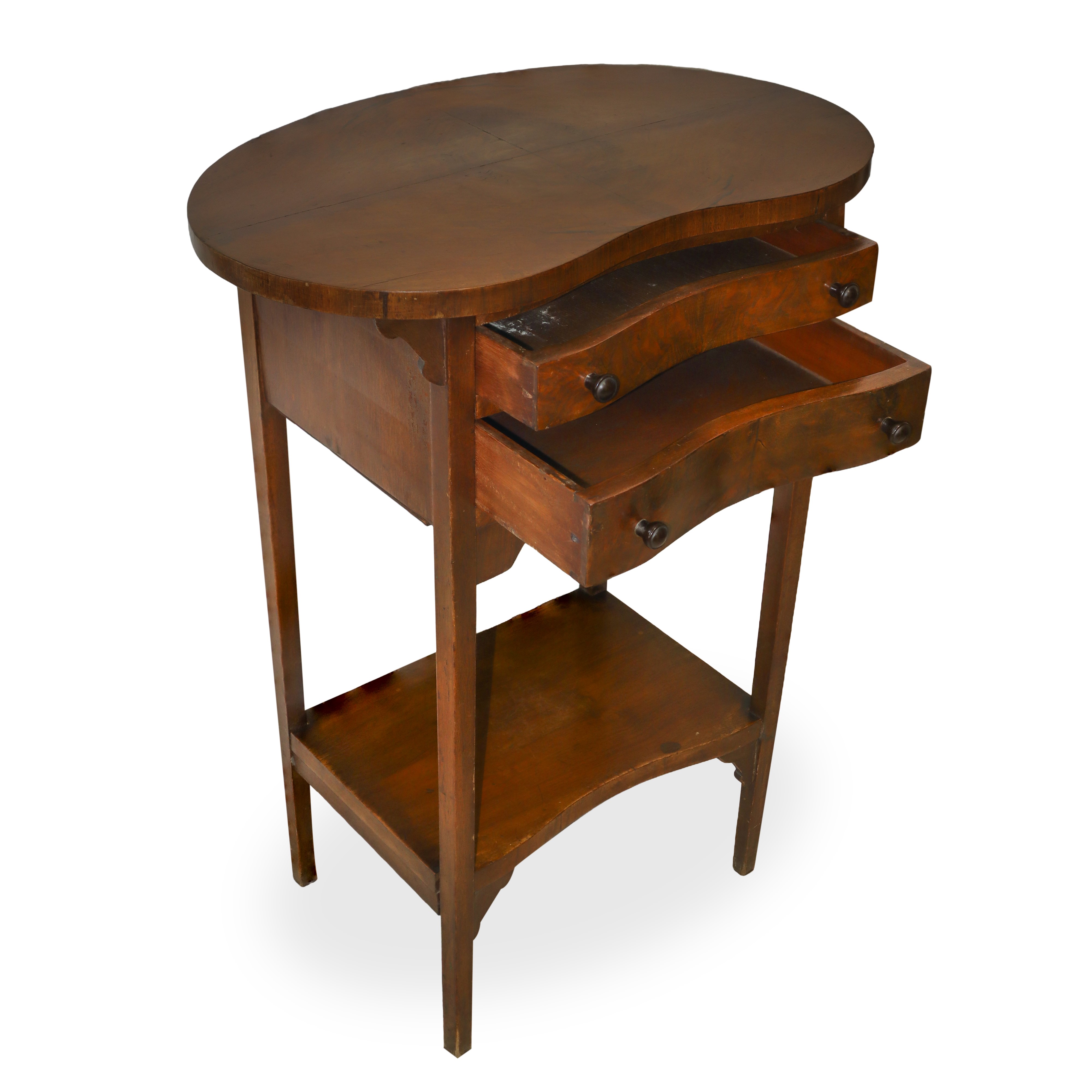 Tavolino a fagiolo in legno di noce con due cassetti sottopiano e quattro gambe