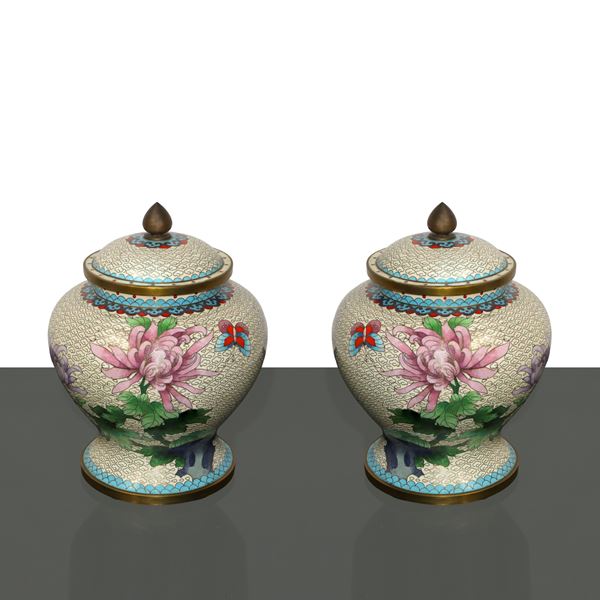 Pair of Chinese cloisonne poutiches with floral depictions