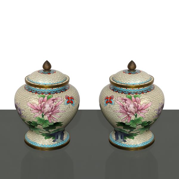 Pair of Chinese Cloisonne Poutiche with Floral Depictions