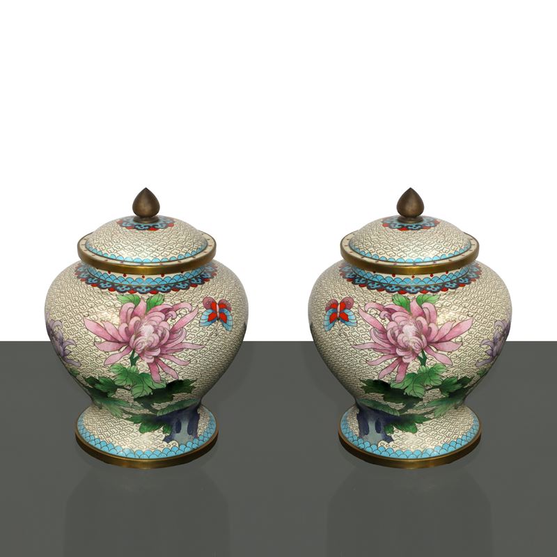 Coppia di poutiche cinesi cloisonne con raffigurazioni floreali