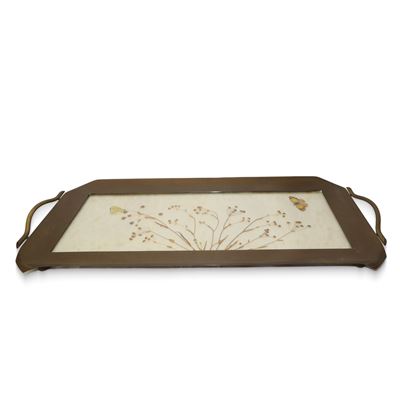 Vassoio vintage in ottone dorato con manici laterali, cm 63x28