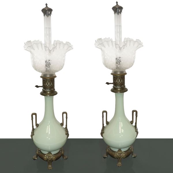 Pair of Celadon porcelain oil lamps