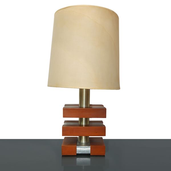 Vintage steel and oak table lamp with lampshade