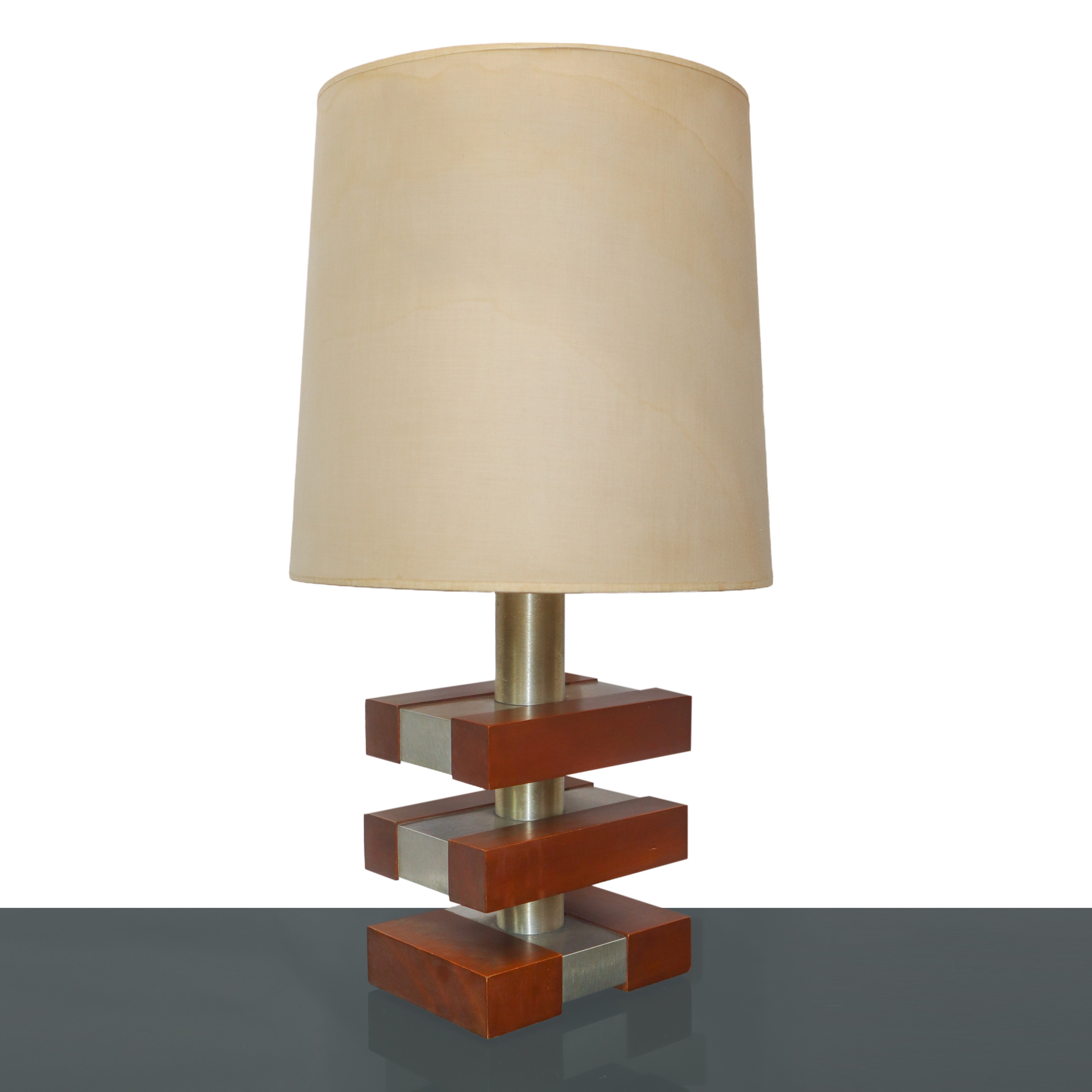 Lampada da tavolo vintage in acciaio e oak con paralume