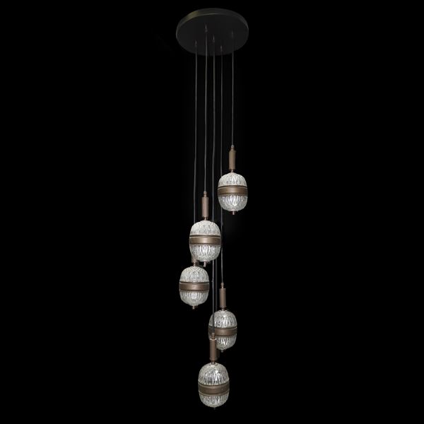 Mid-Century Modern 5-light ceiling pendant in metal and carved glass