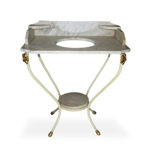 Wash basin with marble top, tubular metal structure