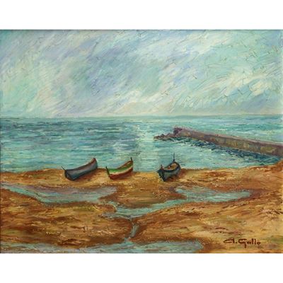 Marina con barche a secco, olio su tela