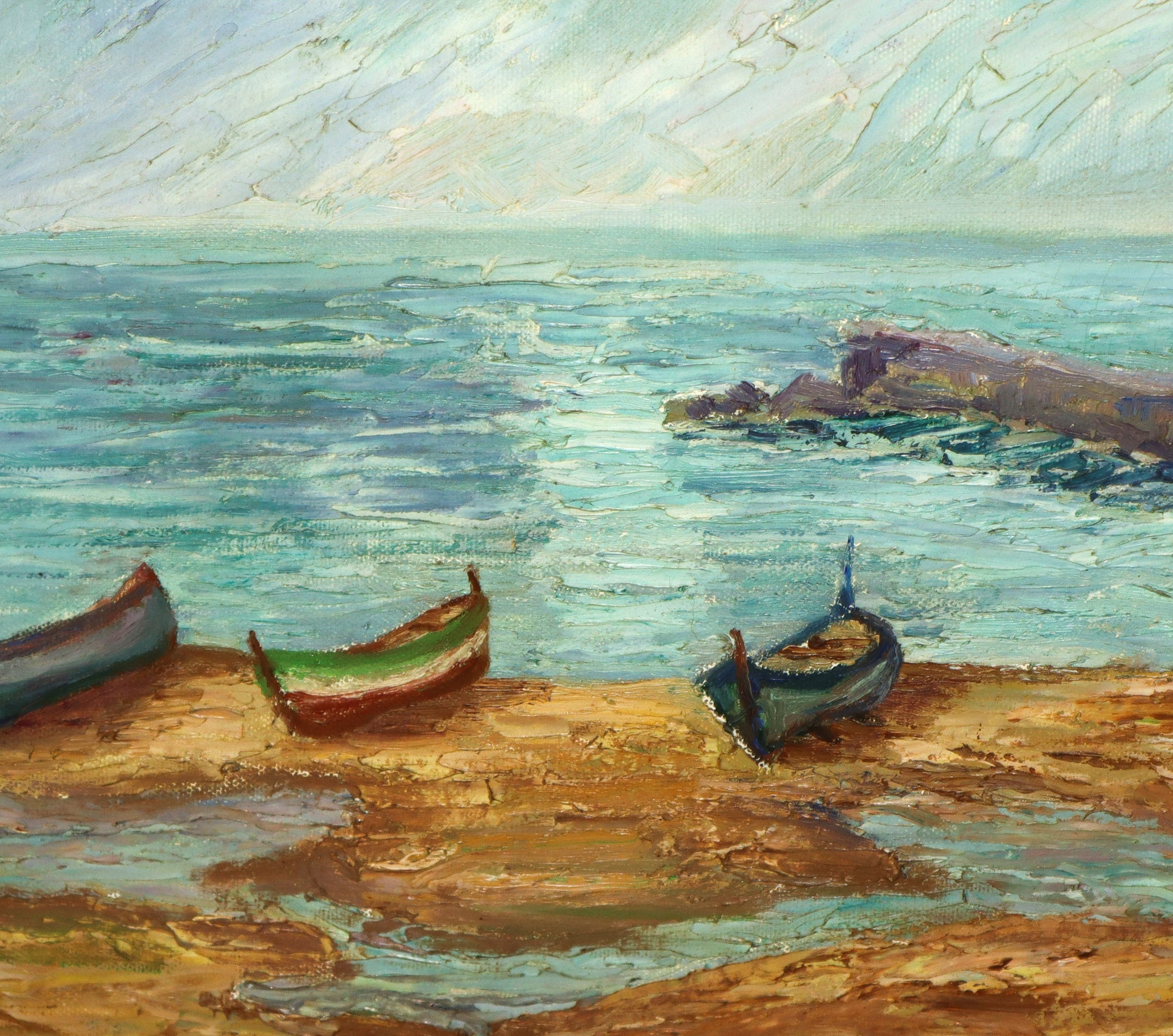 Adriana Gallo - Marina con barche a secco, olio su tela