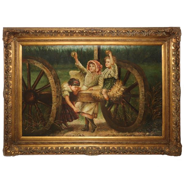 Three children on wagon wheels