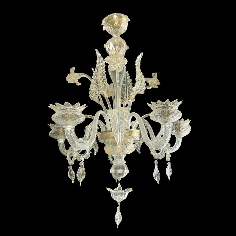 Lampadario a Cinque Luci in Vetro di Murano Trasparente con Inserti Oro