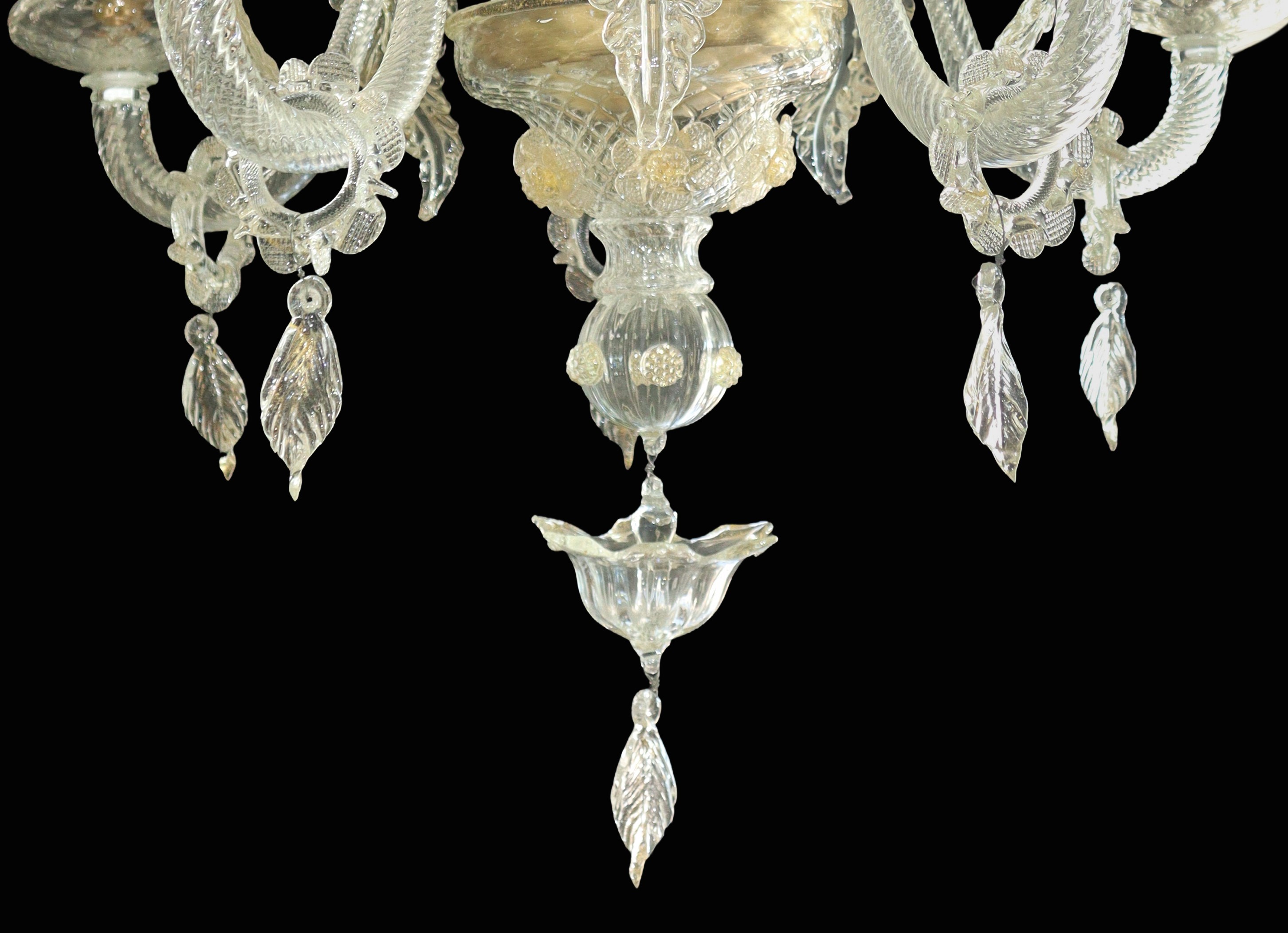 Lampadario a Cinque Luci in Vetro di Murano Trasparente con Inserti Oro