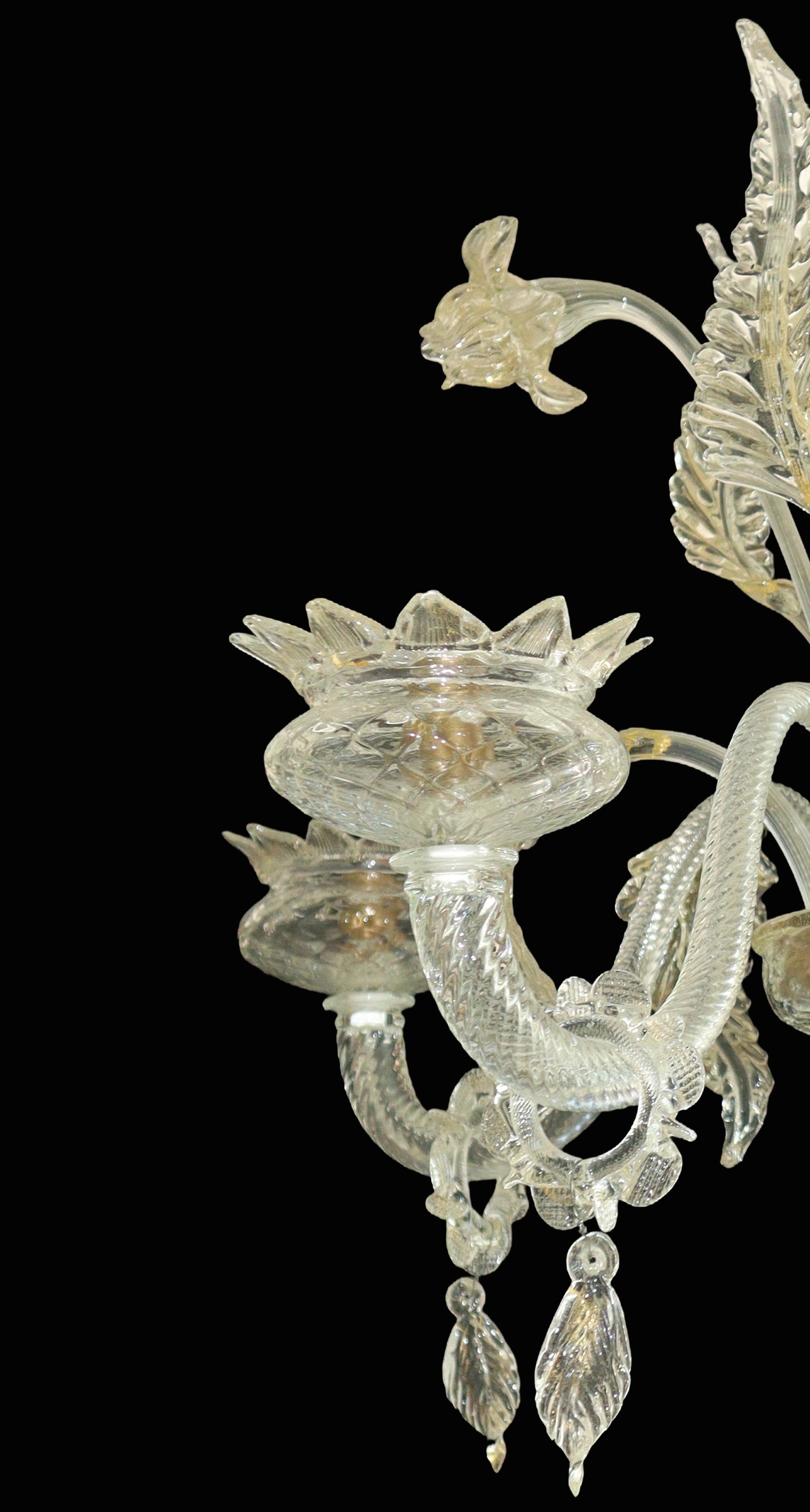 Lampadario a Cinque Luci in Vetro di Murano Trasparente con Inserti Oro