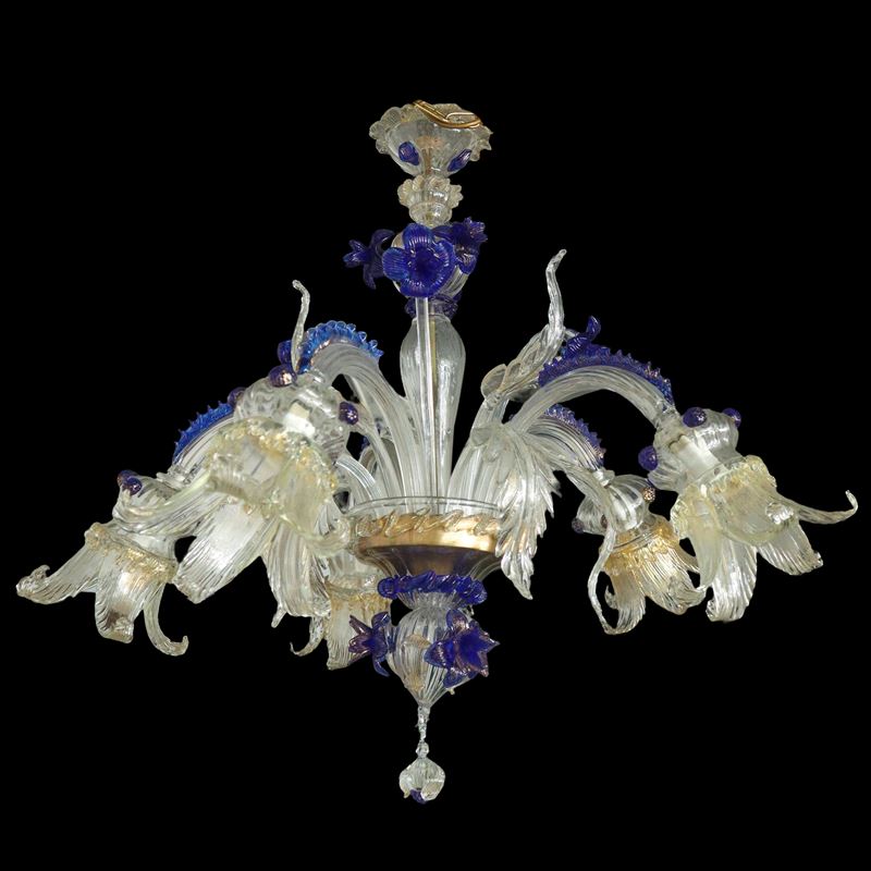 Lampadario a Cinque Luci in Vetro di Murano Trasparente Dorato e Blu