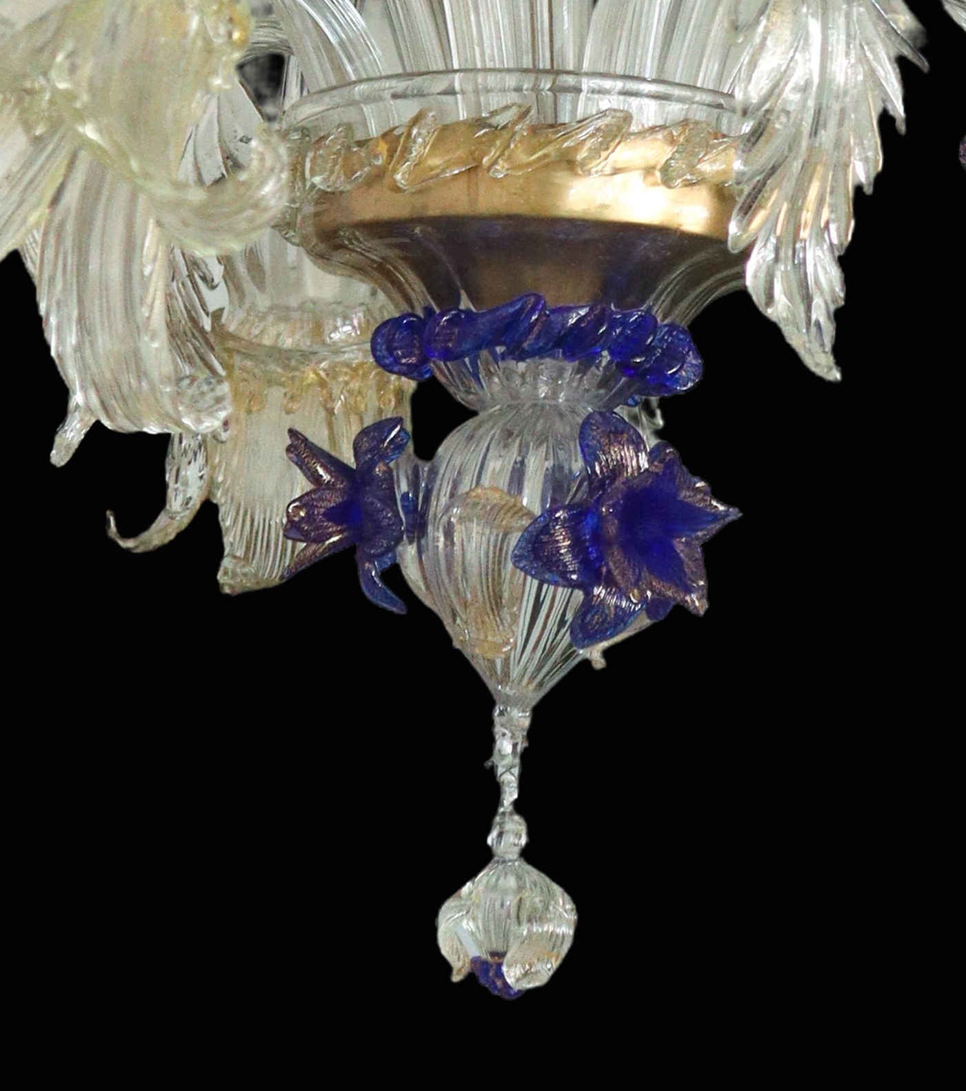 Lampadario a cinque luci in vetro di Murano trasparente dorato e blu