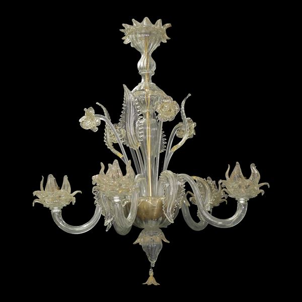 Lampadario a cinque luci in vetro di Murano trasparente con dettagli in oro