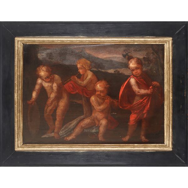Cupid with quiver and musical cherubs