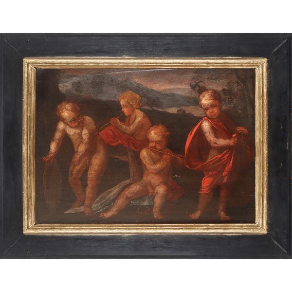 Amorino con faretra e puttini musicanti