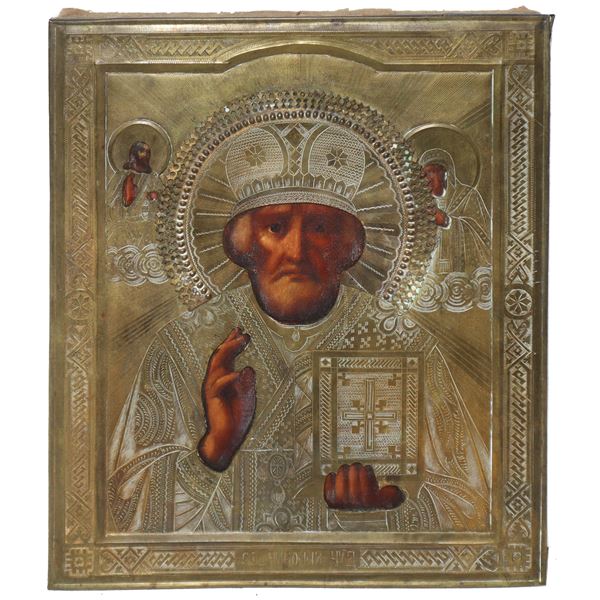 Icona Russa raffigurante San Nicola benedicente con Cristo e la Madonna ai lati