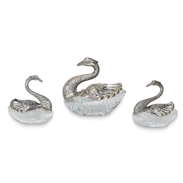 salt, pepper and toothpick set in silver and crystal