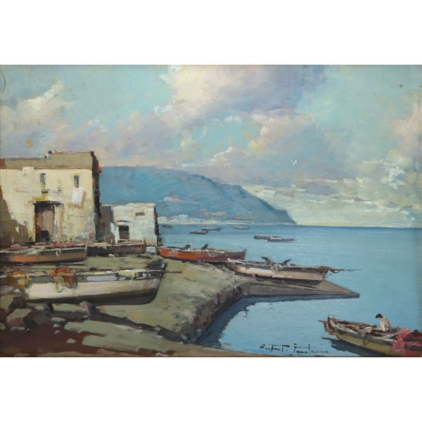 Fortunato Fontana - Mediterranean marina with boats and fishermen and two little houses