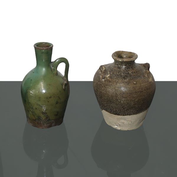 Jug, jar and vase with copper green handle, brown jar with handles and turquoise vase