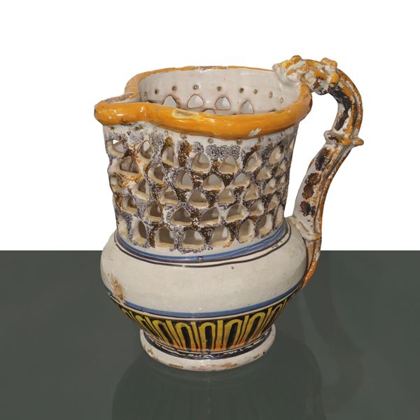 Openwork pourer in polychrome majolica “drink if you can”