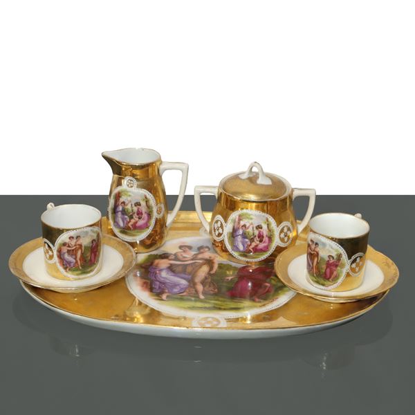 Tête-à-tête with two-cup tray with saucers, coffee pot, milk jug