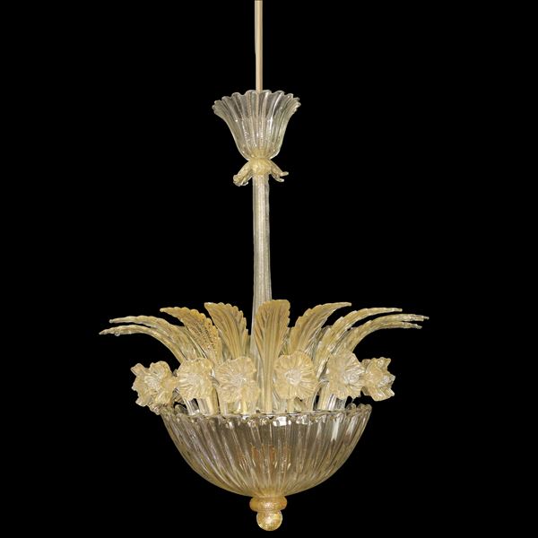 Seguso Murano - Lampada a sospensione con struttura in vetro trasparente con inclusione foglia oro, elementi floreali in vetro con inclusioni foglia oro