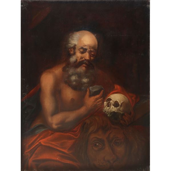 San Girolamo con teschio e leone dipinto