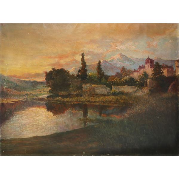 Veduta lacustre con chiesetta all’imbrunire