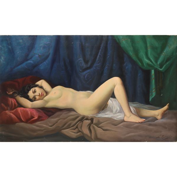Luigi Bianchi - Nudo di donna adagiata tra tessuti policromi