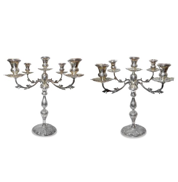 Pair of 5-light candelabra, round base with embossed acanthus leaves.