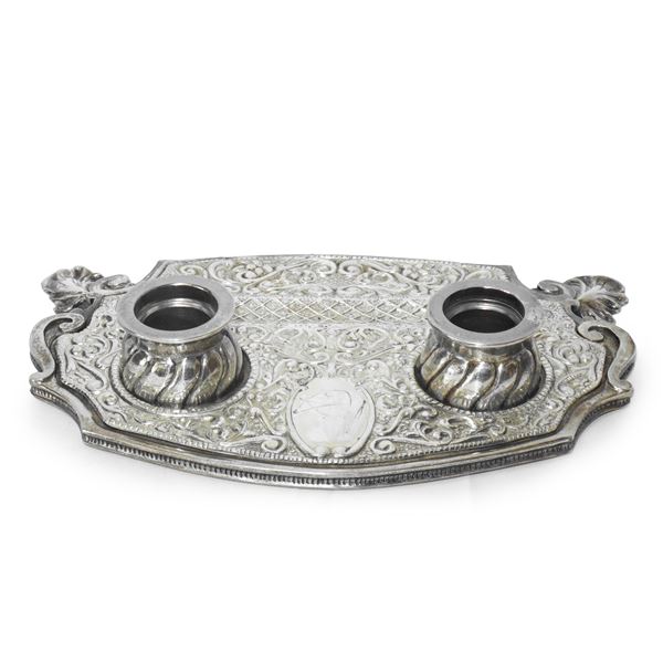 Metal inkwell with chiselled silver plate