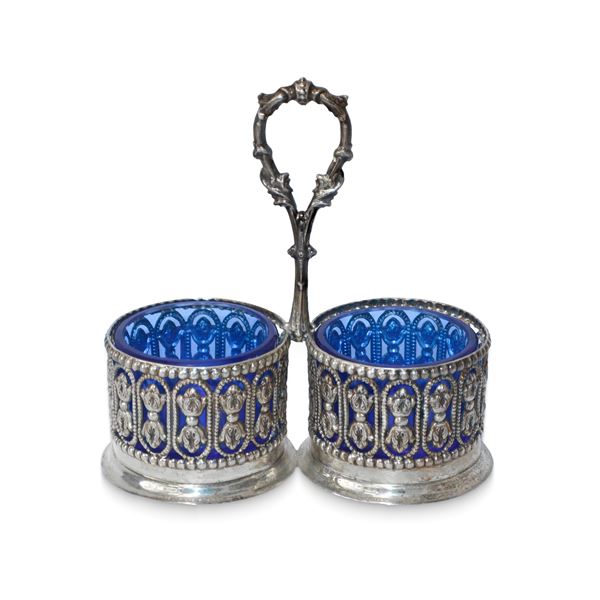 Porta sale e pepe in vetro di Murano blu e argento 925