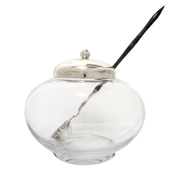 Glass punch jar with lid and metal ladle