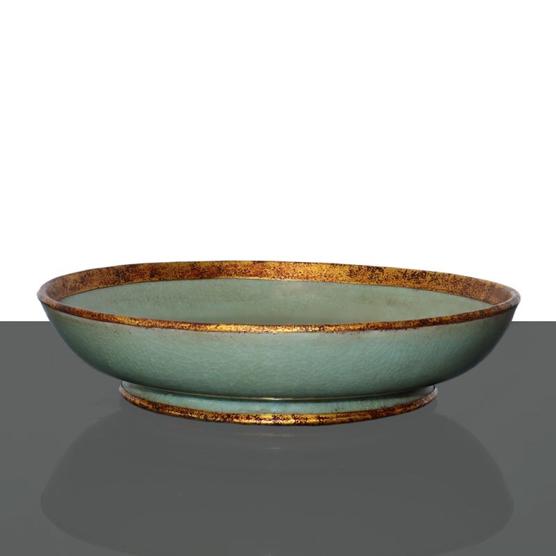 Antico Piatto in Porcellana Incrinata Verde con Bordo Oro