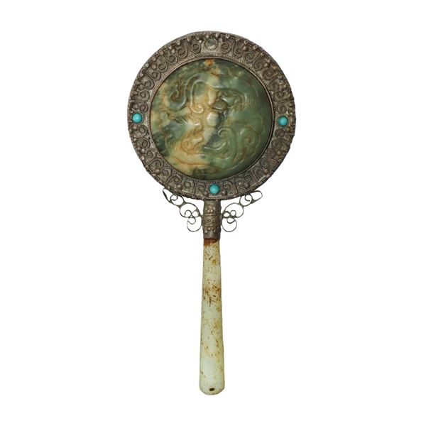Mirror with nephrite jade inlaid with turquoise, dating back to the Qing Dynasty