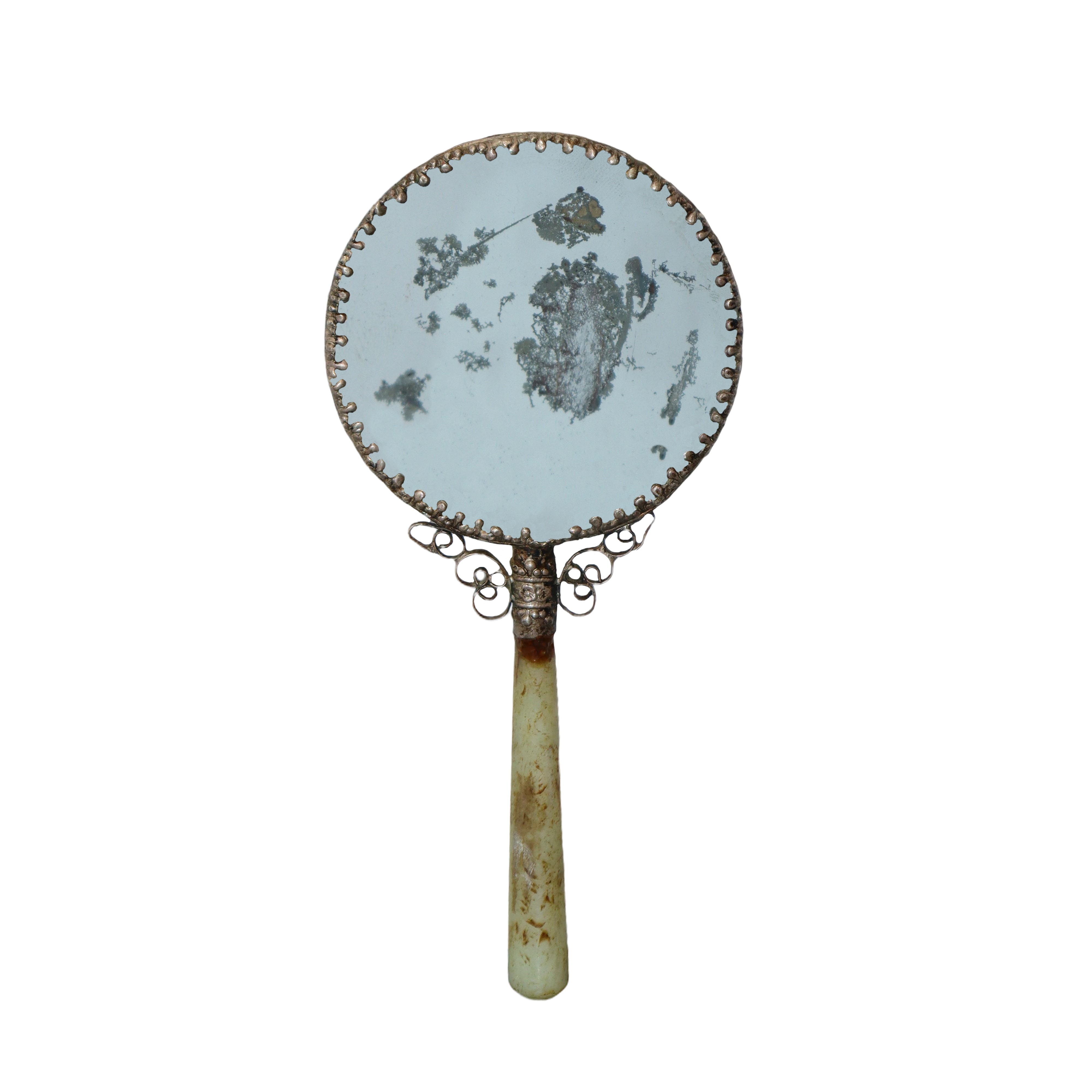 Specchio con giada nefrite intarsiata con turchesi, risalente alla dinastia Qing