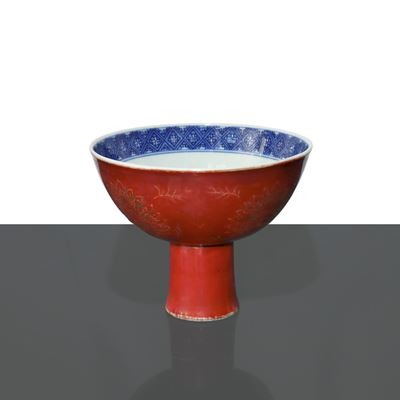 Ciotola con Gambo in Porcellana Smaltata Rosso Corallo e Interno Smaltato Blu