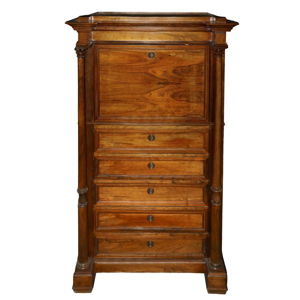 Secretaire cabinet with marble top, with flap, drawers and with five drawers