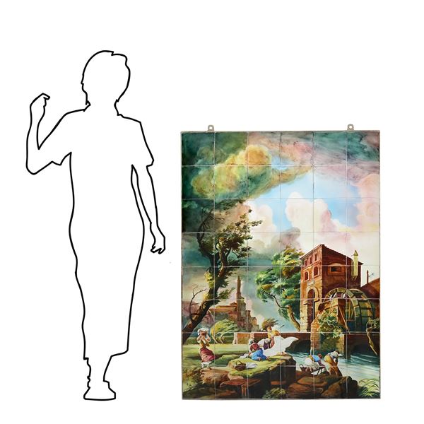 Farnesiana Ceramiche di Carlo Corvi - Maiolica raffigurante paesaggio fluviale con alberi e personaggi