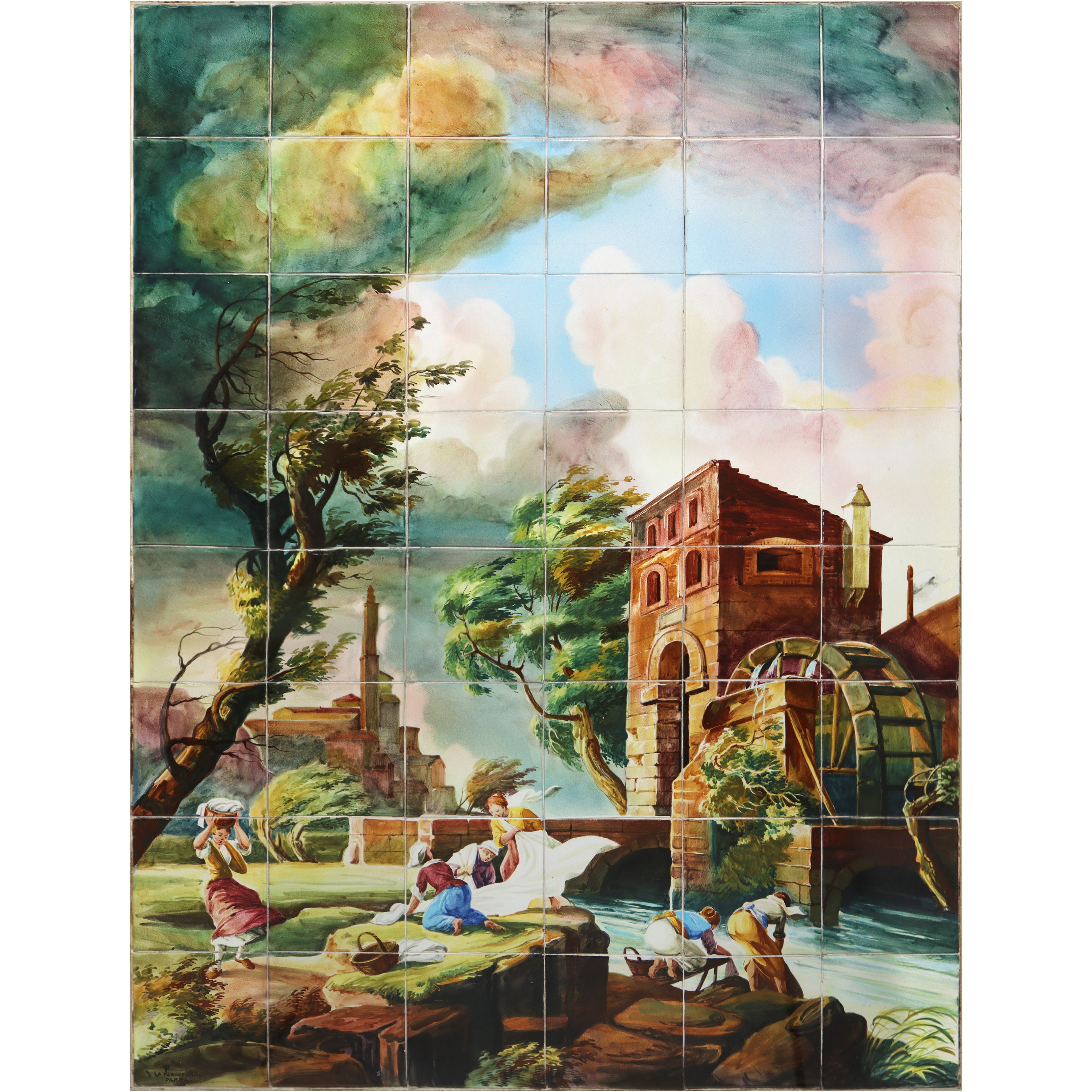Farnesiana Ceramiche di Carlo Corvi - Maiolica Raffigurante Paesaggio Fluviale con Alberi e Perso...