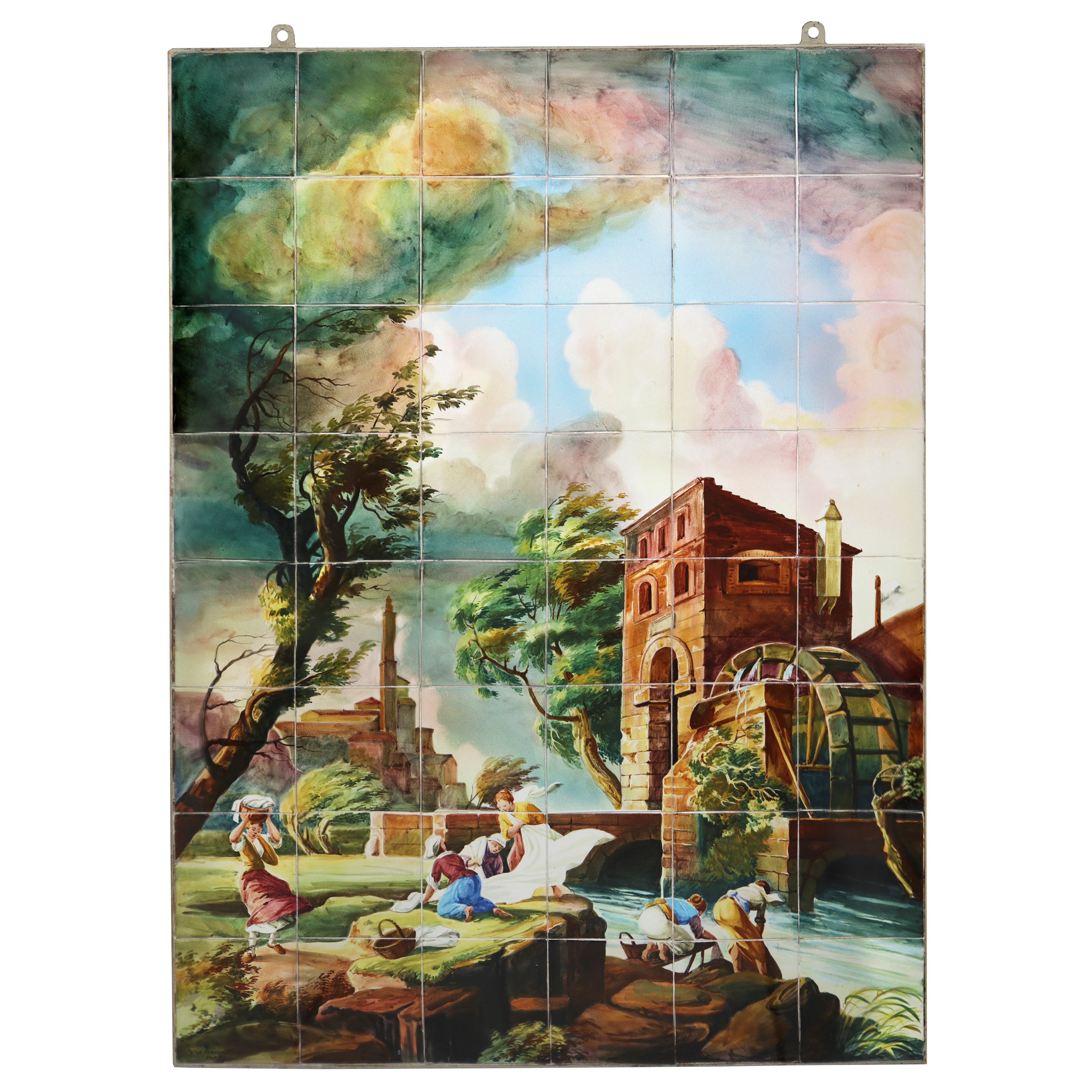 Farnesiana Ceramiche di Carlo Corvi - Maiolica Raffigurante Paesaggio Fluviale con Alberi e Perso...