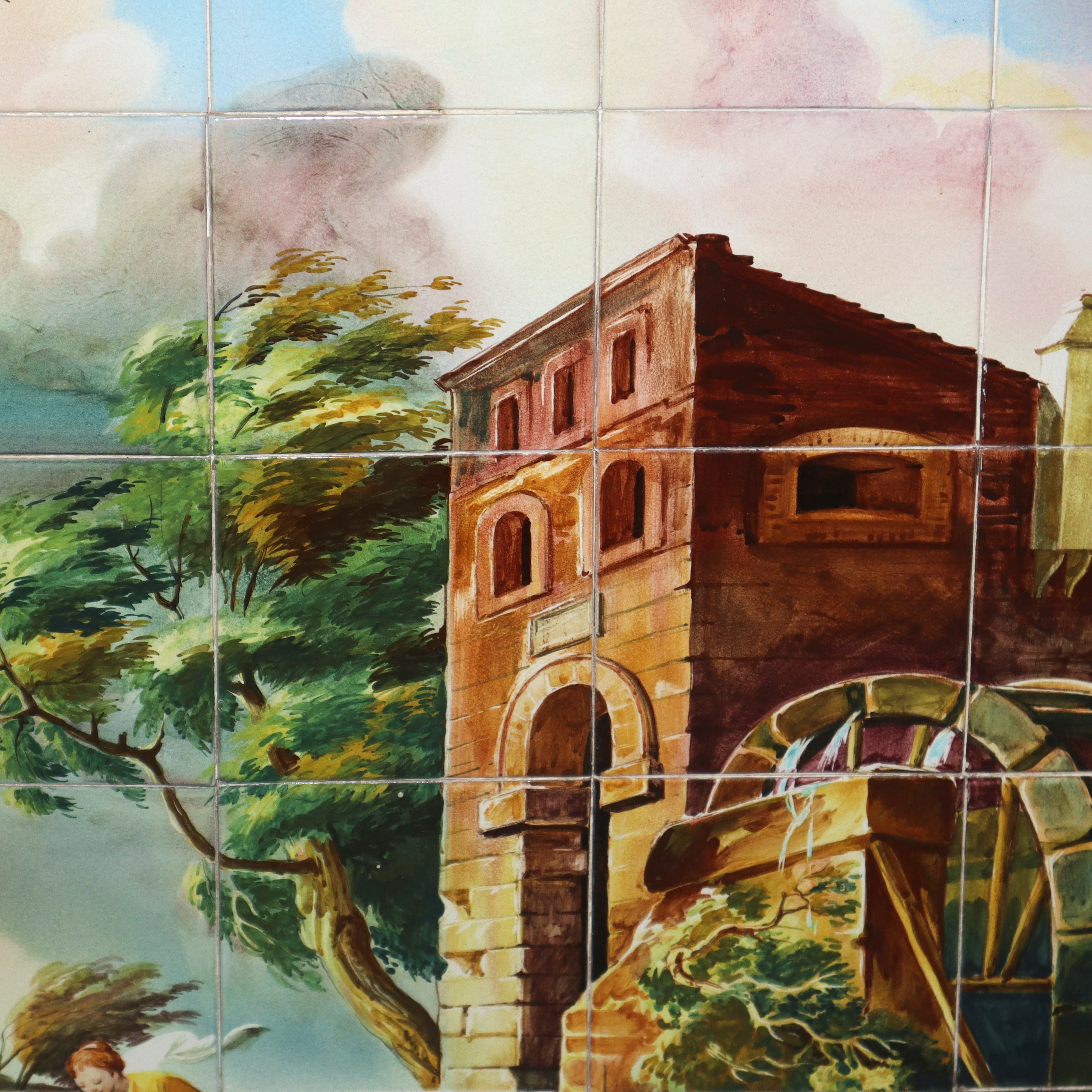 Farnesiana Ceramiche di Carlo Corvi - Maiolica Raffigurante Paesaggio Fluviale con Alberi e Perso...
