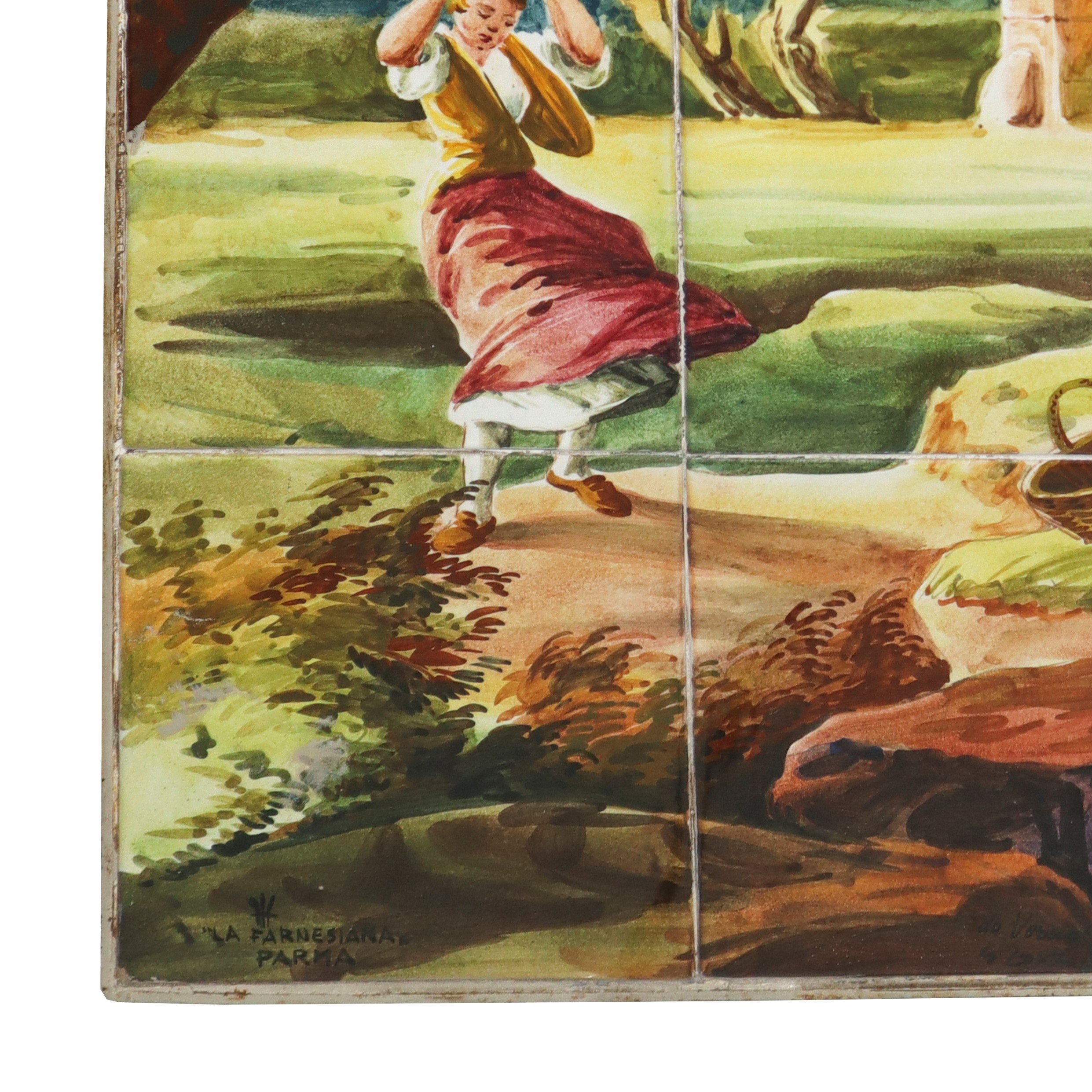 Farnesiana Ceramiche di Carlo Corvi - Maiolica Raffigurante Paesaggio Fluviale con Alberi e Perso...