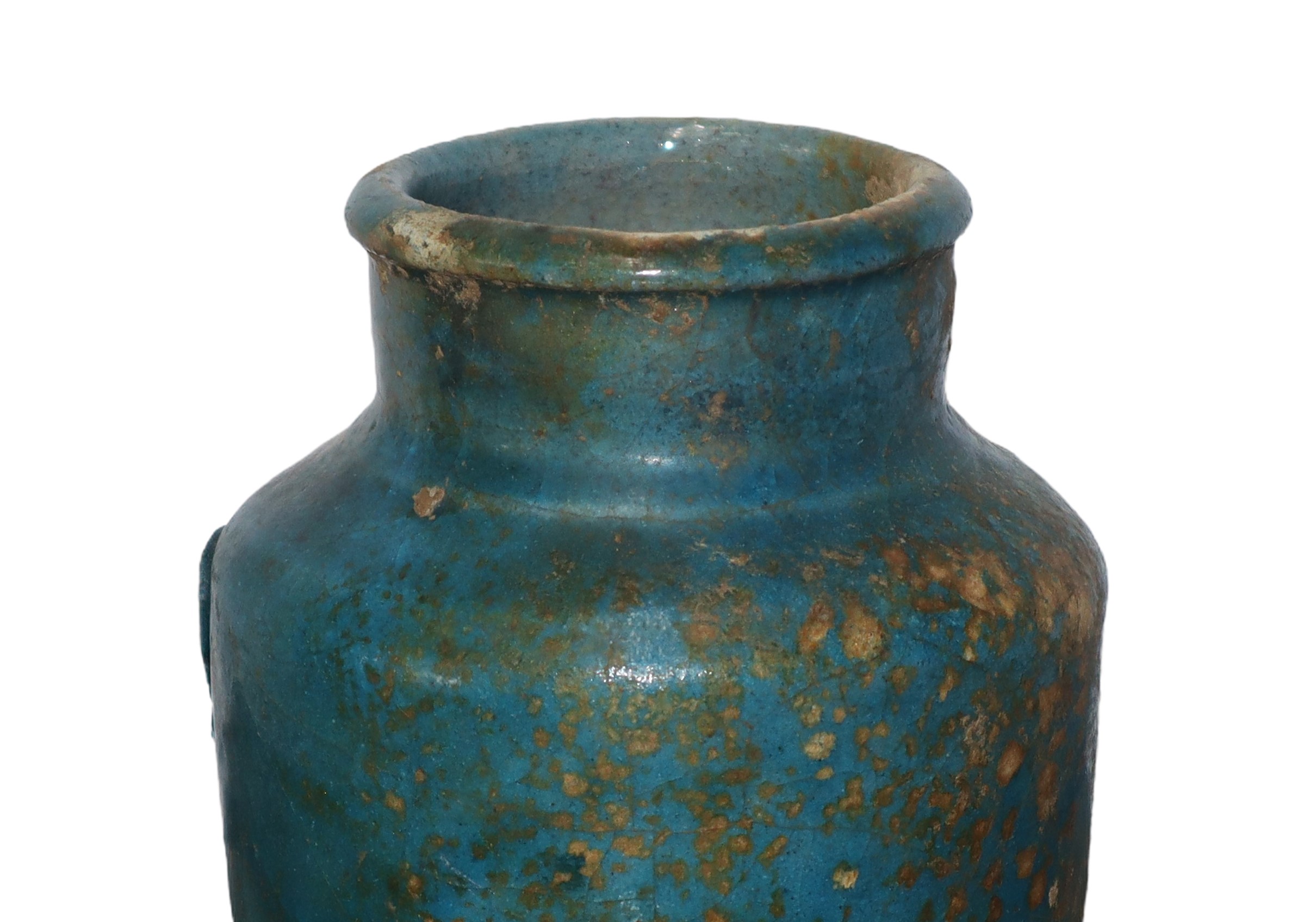 Piccolo Albarello in Ceramica Persiana, con Smalto Verde e Tracce di Iridescenza Dorata