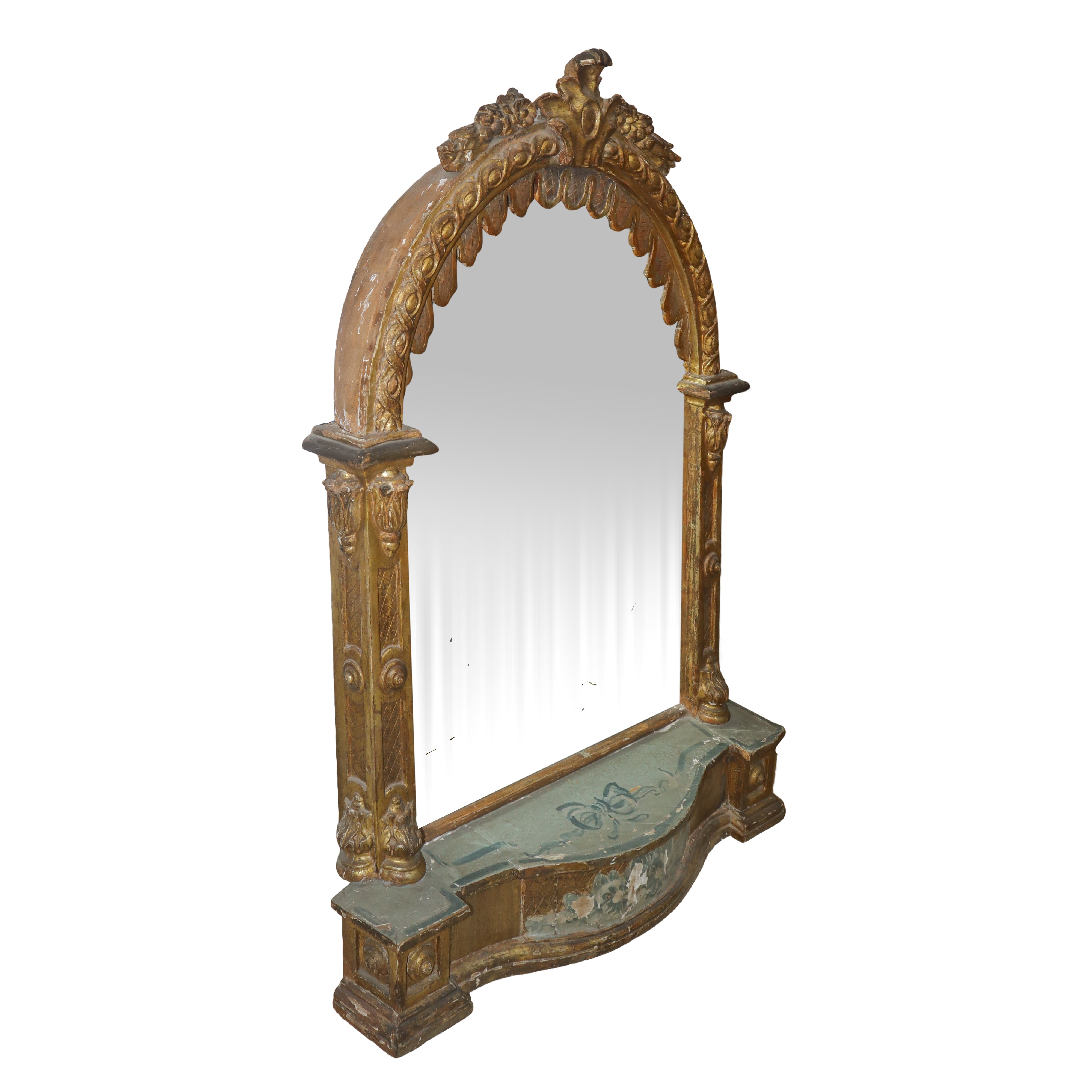 Specchiera con cornice in legno dorato su base dipinta