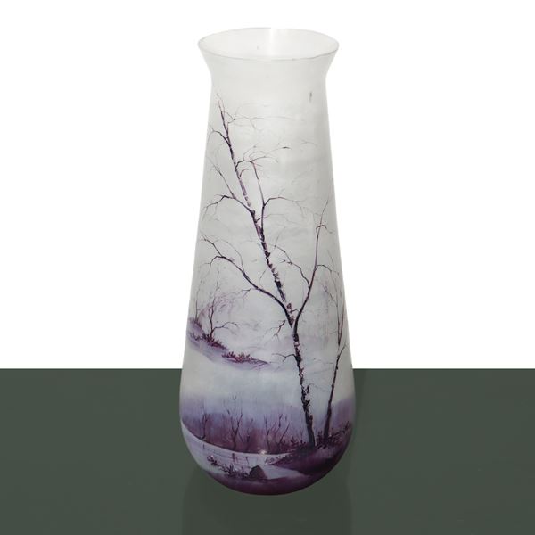 Satin glass vase, hand painted with landscape