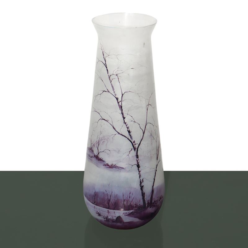 Vaso in Vetro Satinato, Dipinto a Smalto a Mano con Paesaggio